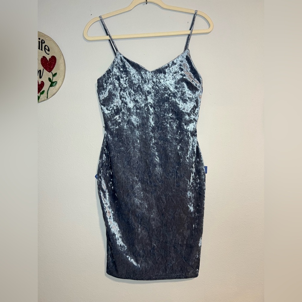 Velvet Slip Dress with Spaghetti Straps - Silver Gray